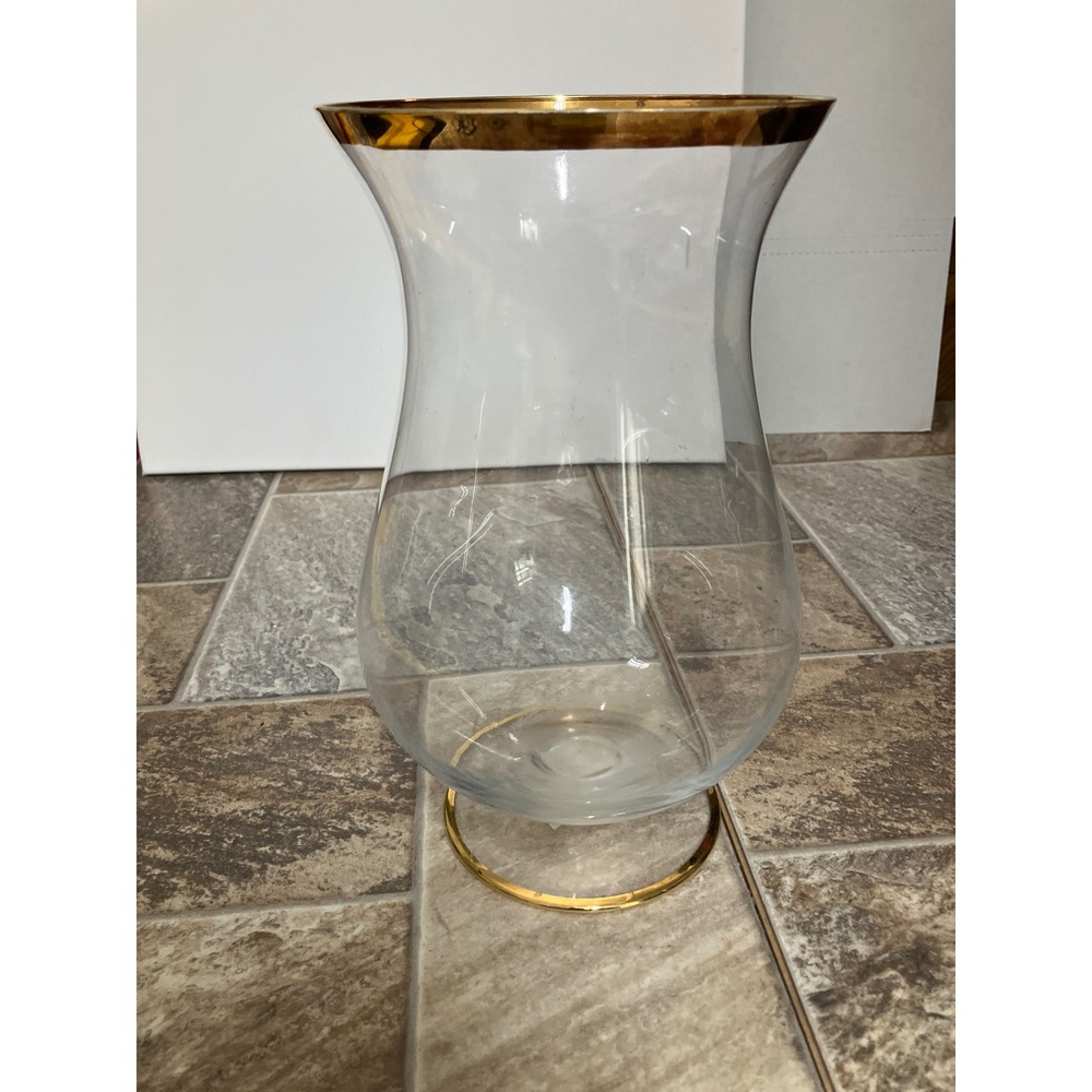 J.C. Penney Clear Glass Hurricane Candle Holder Gold Rim Flared Vase 11 Inch